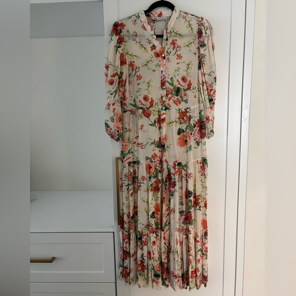 Zara Cream and Red Maxi Sundress with Bishop Sleeves